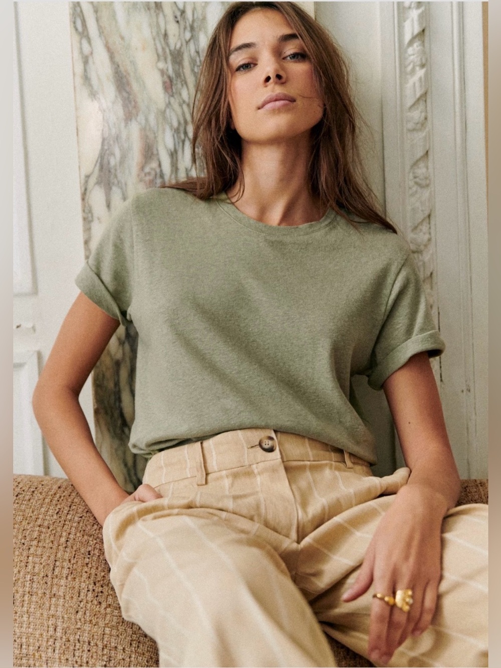 Sezane Martha T-Shirt - Olive Green Crewneck Tee-XS- Like New